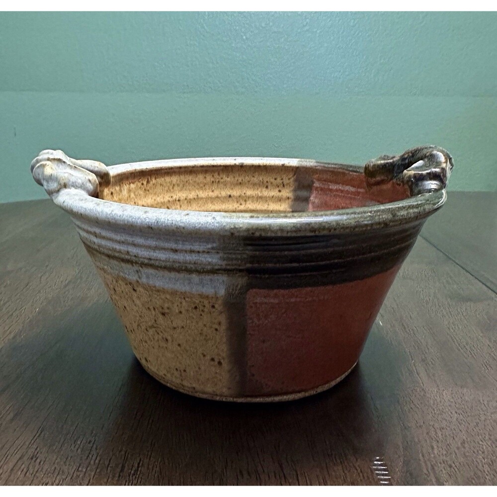 Signed Art Pottery Bowl 8" Boho Rustic Beige Brown Decor Glazed Painted